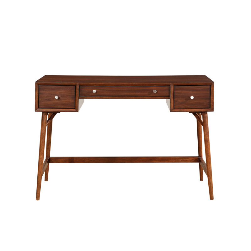 Counter Height Writing Desk In Brown With Walnut Veneer And Storage Shelves Finished Mid-century Look