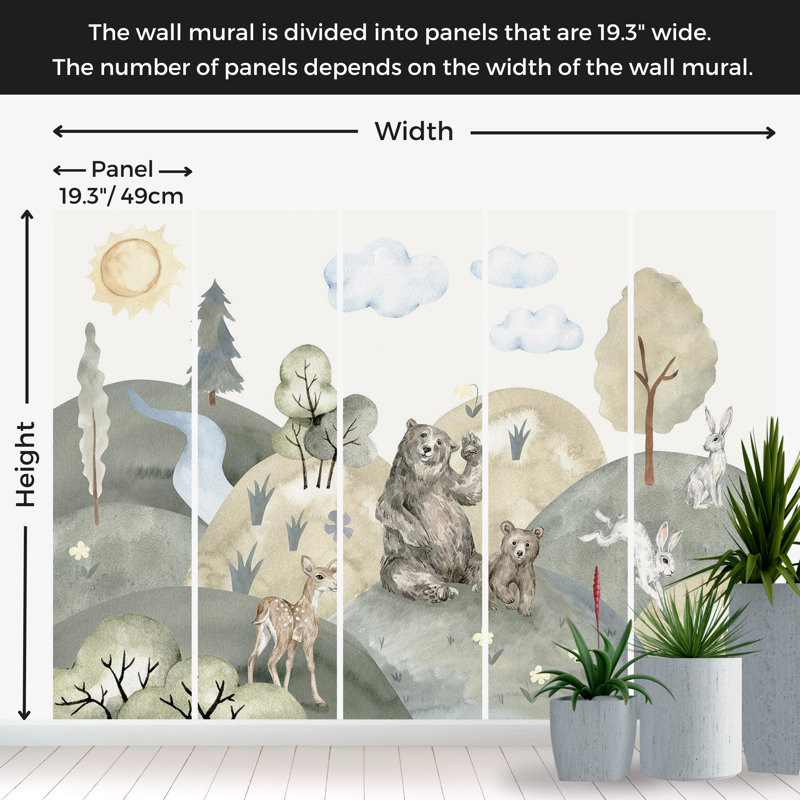 Adhésif mural pelez et collez pour enfants - Vallée avec des animaux, L 135 po x L 100 po