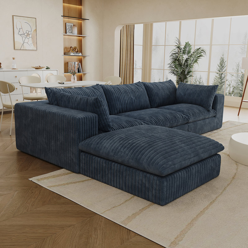 Canapé Cloud, tissu velours côtelé, sièges profonds, conception à deux couches, coussin amovible, Bleu