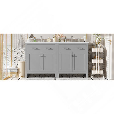 Ensemble de meuble-lavabo moderne 60 po gris avec lavabos doubles (séparés), lavabos doubles en céramique, tablette réglable, portes à fermeture en douceur et tiroir rabattable