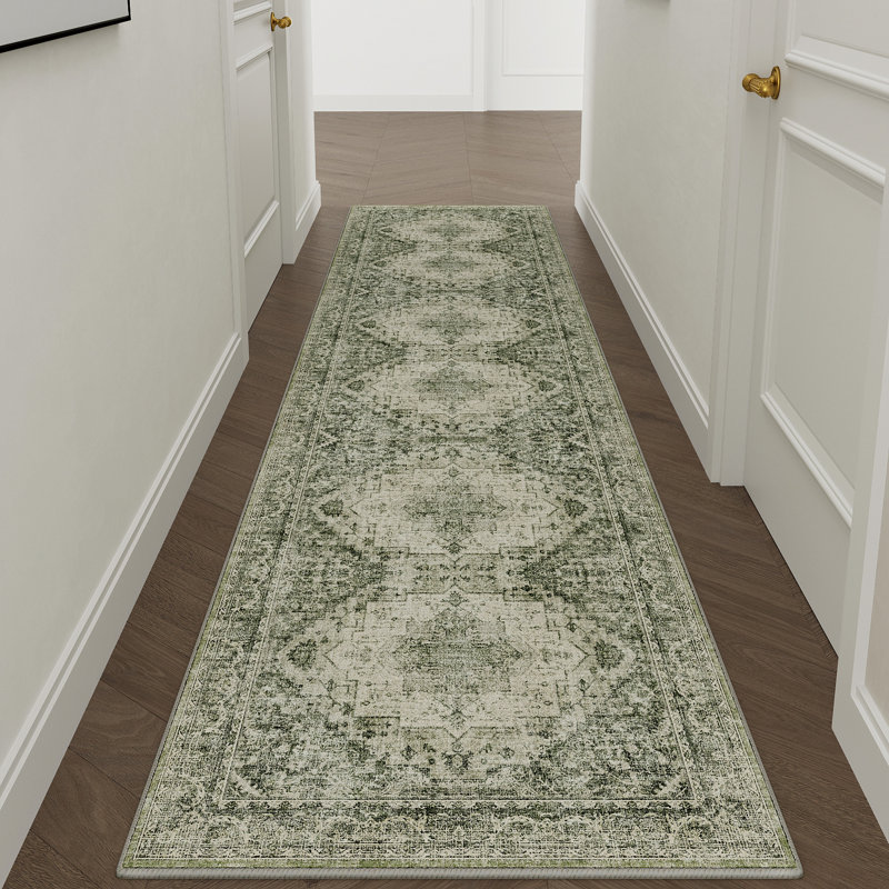 Elaine Machine Washable Vintage Area Rug With Non-Slip Backing, Runner 2' x 8', Green, 0.28"
