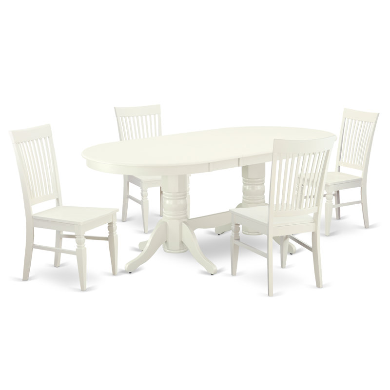 Ensemble de table de cuisine 5 pièces pour 4 personnes comprenant une table de salle à manger ovale avec rallonge papillon et 4 chaises, lin blanc