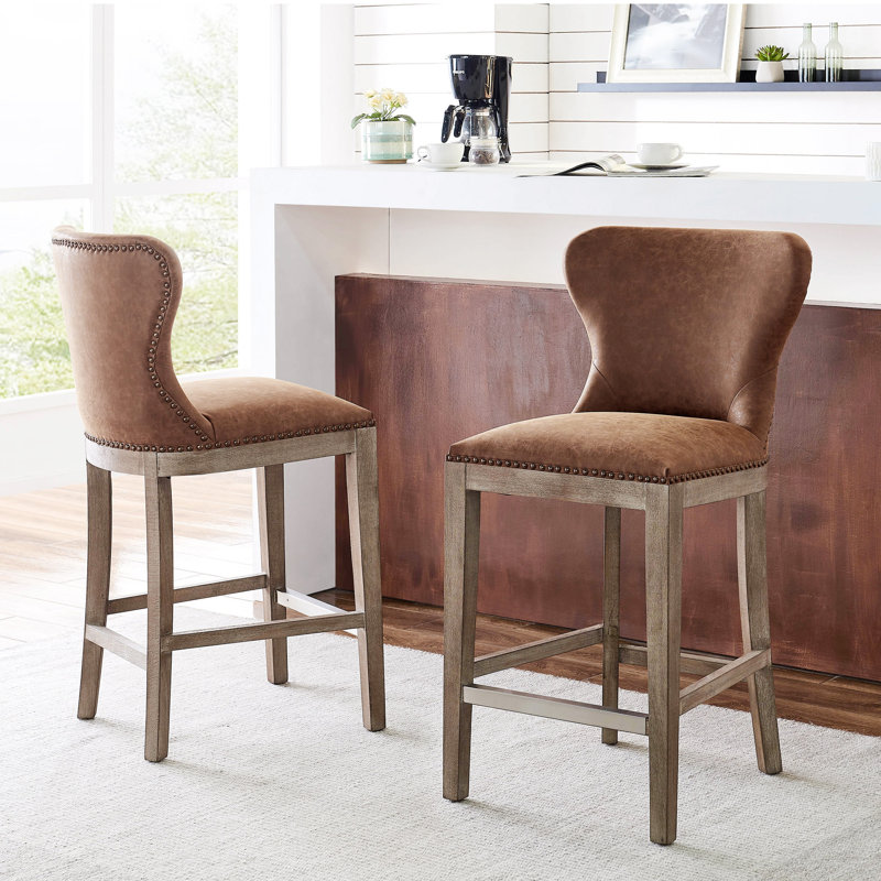 Grantham Upholstered Counter Stool, Counter Stool (26” Seat Height), Nubuck Chocolate faux leather