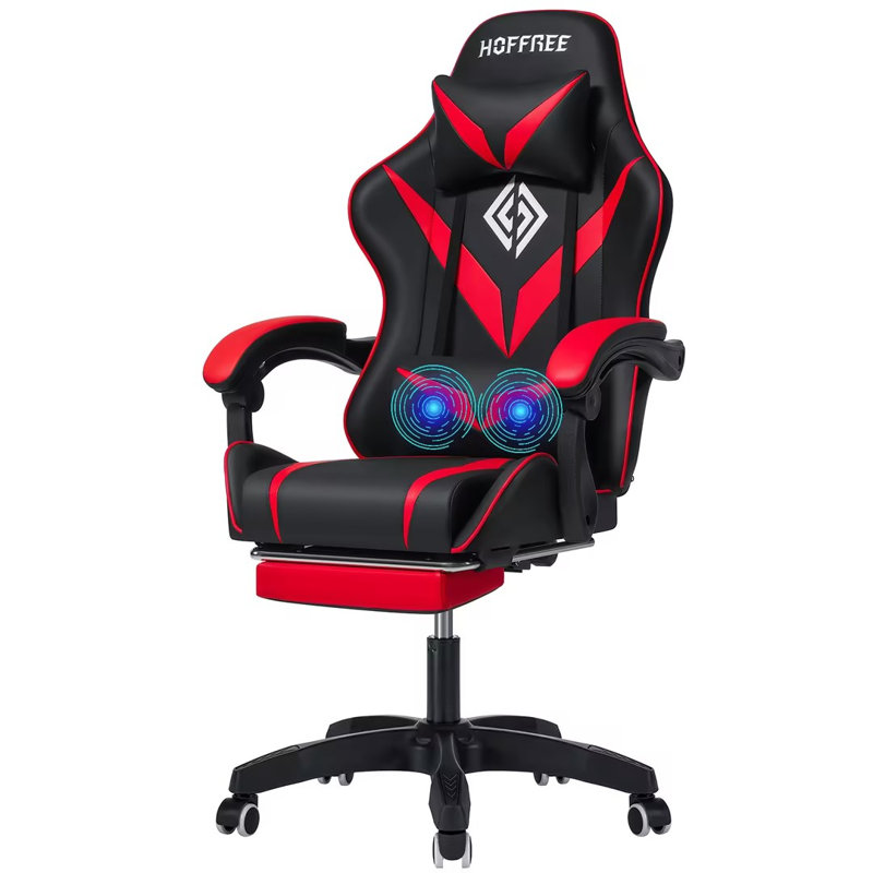 Ivy Bronx Adjustable Reclining Ergonomic Faux Leather PC & Racing Game Chair with Massage, Black, Red/Black