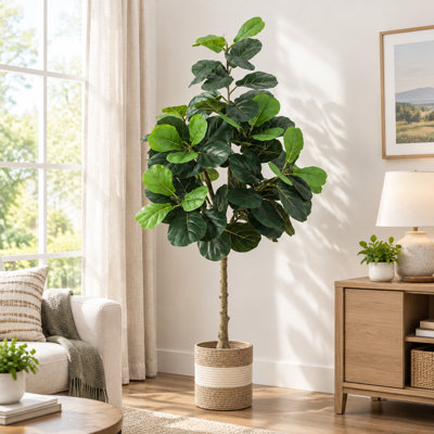 5.5 ft Artificial Fiddle Leaf Fig Tree with Woven Planter, Realistic Faux Ficus Lyrata for Home Office Living Room Decor – 1 Pack