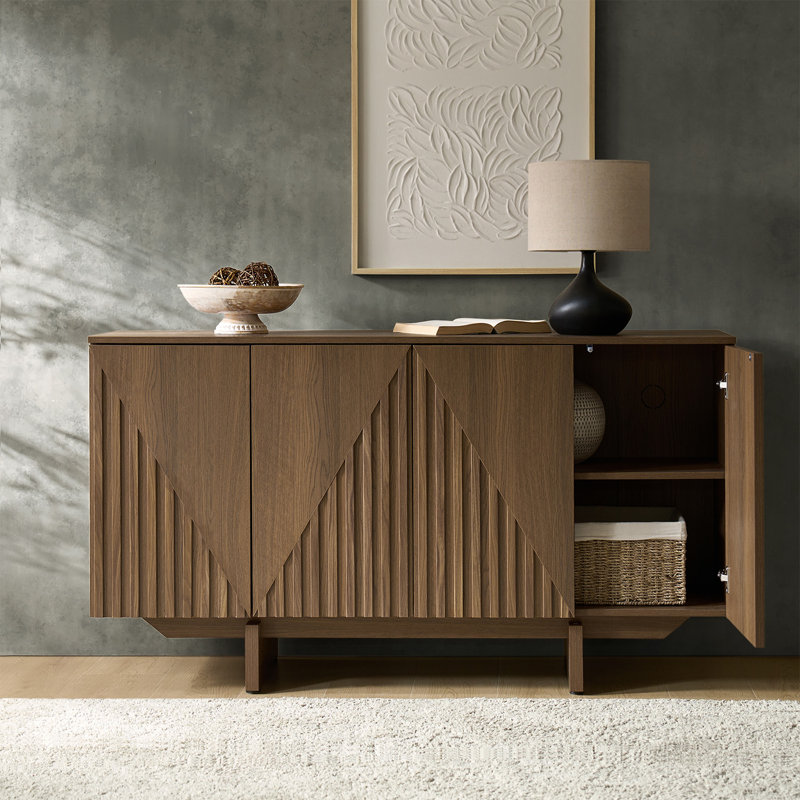 Martha 4-Door Fluted Manufactured Wood Sideboard with Adjustable Shelves and Cable Management , Walnut