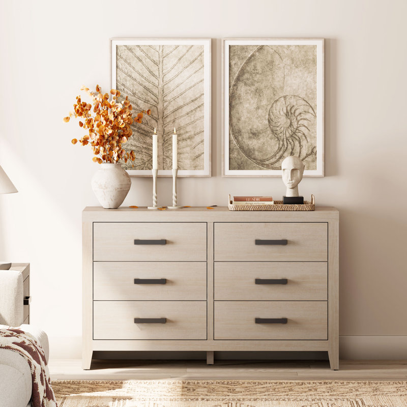 Commode 6 tiroirs pour la chambre à coucher, commode double en bois de 53 po de large avec grands tiroirs, commode rustique de style campagnard, rangement en chêne pour le salon,