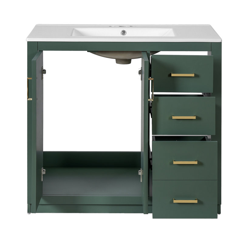 Ensemble de meuble-lavabo 36 po avec lavabo en céramique, armoire de rangement en bois massif, ensemble de meuble-lavabo autoportant avec 3 tiroirs et portes à fermeture douce