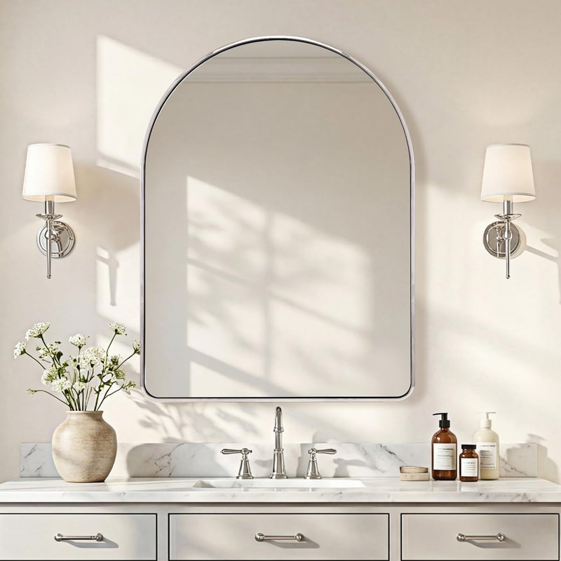 Malisa Contemporary Arched Bathroom Vanity Mirror | Stainless Steel Thick Frame, Polished Chrome, 32" x 24"
