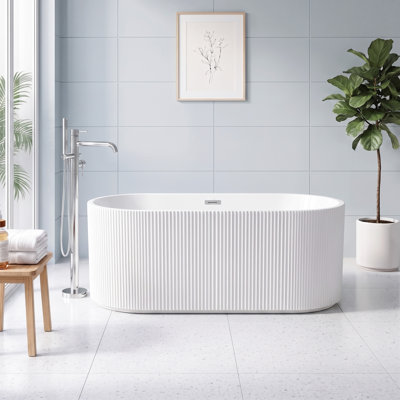 Baignoire autoportante moderne en acrylique linéaire de 150 x 76 cm avec trop-plein et bonde rétractable, certifiée CUPC, blanc brillant