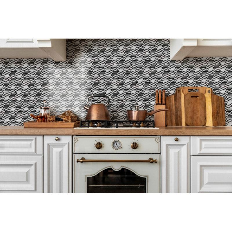 Carreau de mosaïque en marbre nid d'abeille pour mur et plancher 5 po x 5 po Rya, Thassos / Nero Marquina