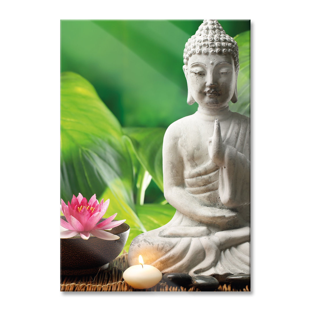 Glasbild Seerosen-Buddha-Statue