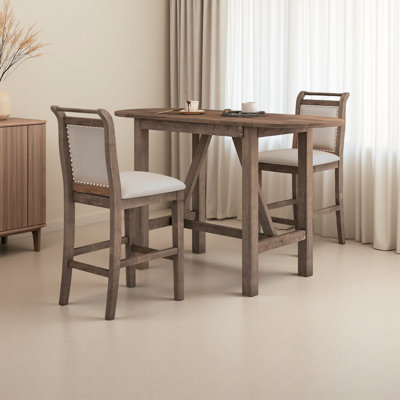 3-Piece Wood Counter Height Drop Leaf Dining Table Set with 2 Upholstered Dining Chairs for Small Place