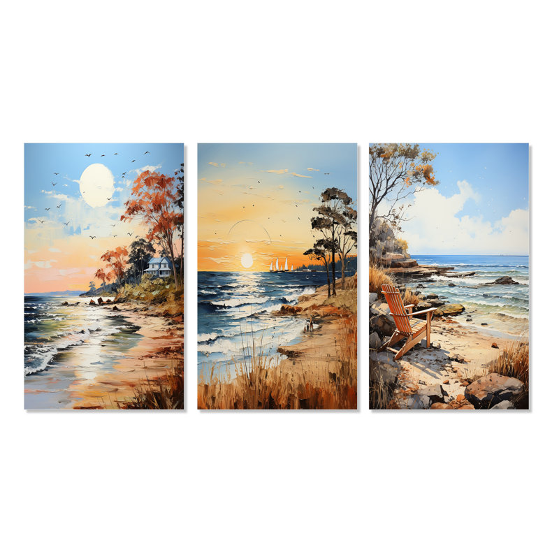 «Coastalbeach Beach Bliss Pointillism», 3 pièces sur toile, H 32 po x l 48 po, Toile tendue