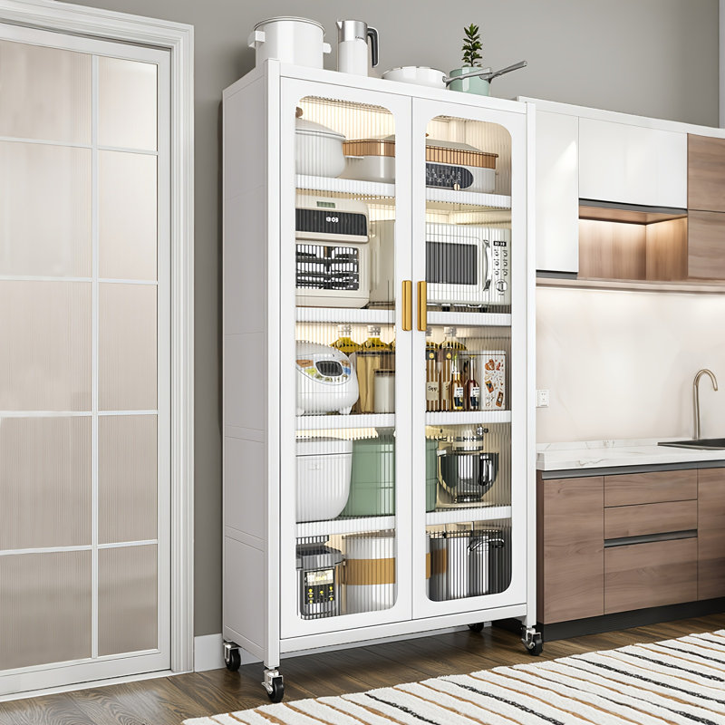 Armoire de rangement pour garde-manger moderne en métal - Portes doubles transparentes avec roues verrouillables, Blanc