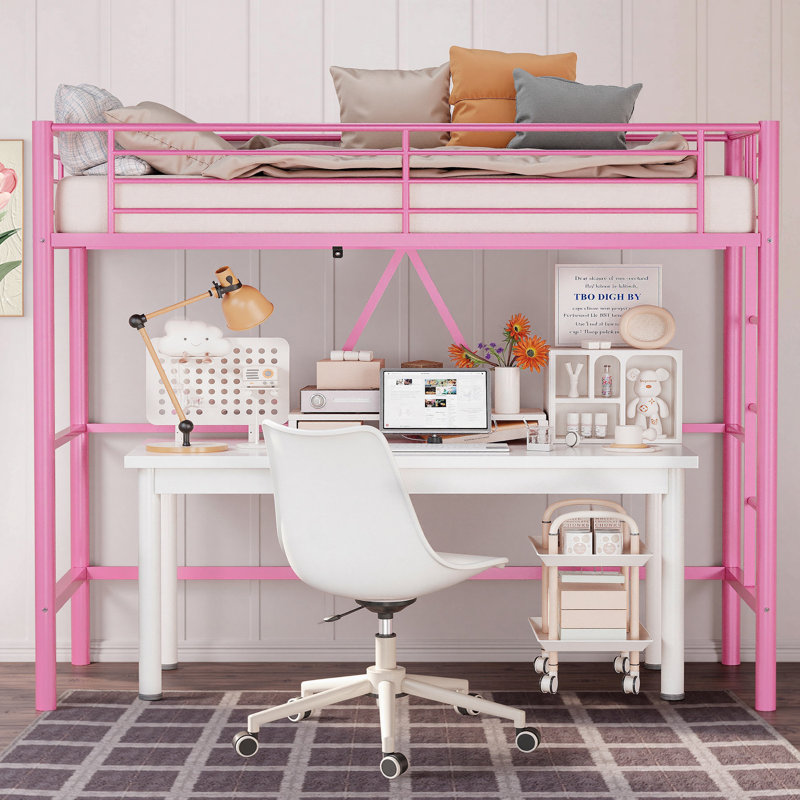 Loft Bed Twin Size With Built-In Ladder Full-Length Guardrails, Metal Slats Support Small Space Saving For Bedroom, Dorm, Teens, Or Small Apartments, Pink