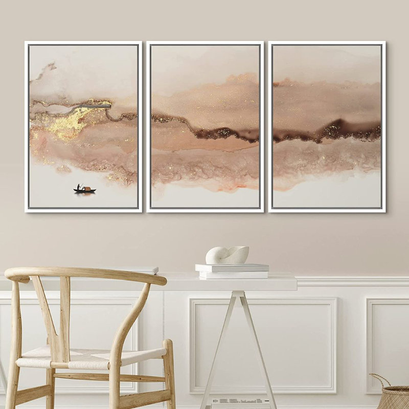«Abstract Landscape Abstract Mountain Ocean», peinture sur toile flottante 3 pièces, H 36 po x l 72 po, Cadre blanc