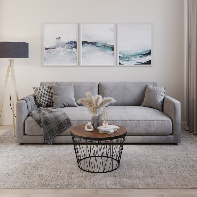 Round Coffee Table with Geometric Metal Base - Small Modern Accent Table for Living Room - Mid-Century Coffee Table