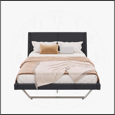 Structure de lit tapissier pour grand lit, plateforme en cuir de polyuréthane avec courbe ondulée et pieds trapézoïdaux, aucun sommier requis, noir