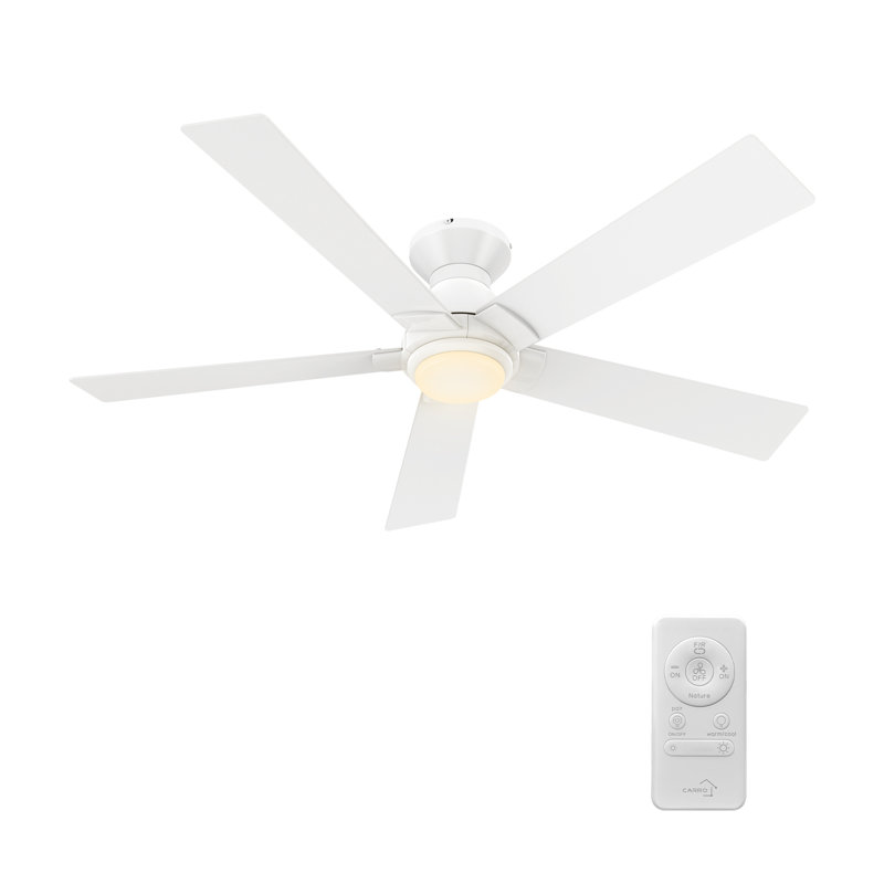  52'' Flush-Mount DC Ceiling Fan with LED Light, Remote Control, White, White/Light Wooden Pattern