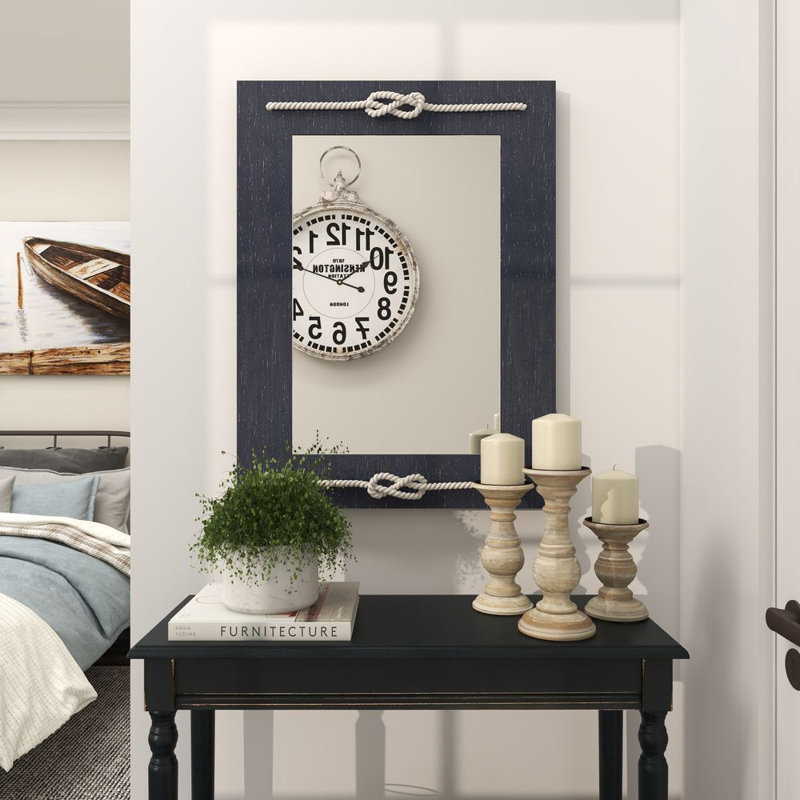 Miroir mural en bois bleu avec corde nouée