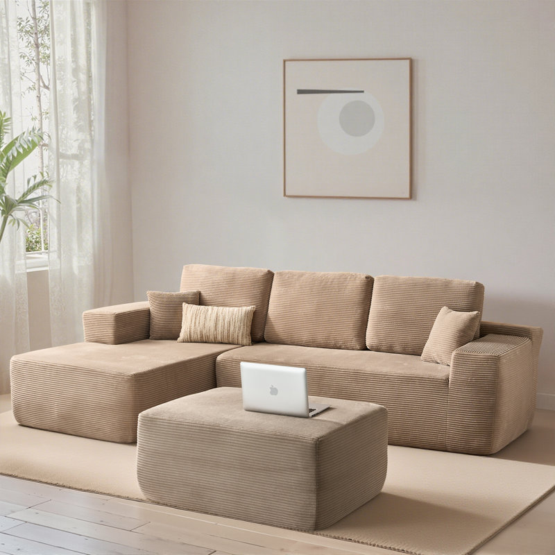 Canapé modulaire en velours côtelé avec repose-pieds 3 pièces Boneless Compression, Orienté à gauche (vu de face)