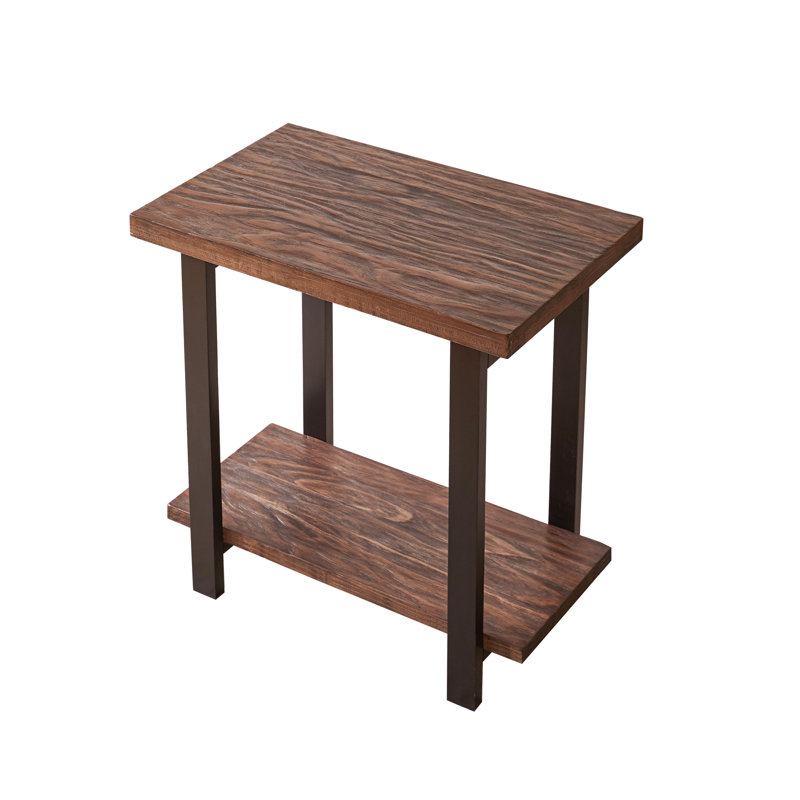 Table d'appoint industrielle à 2 niveaux en bois massif - Table d'appoint en pin vieilli avec tablette de rangement pour salon et chambre