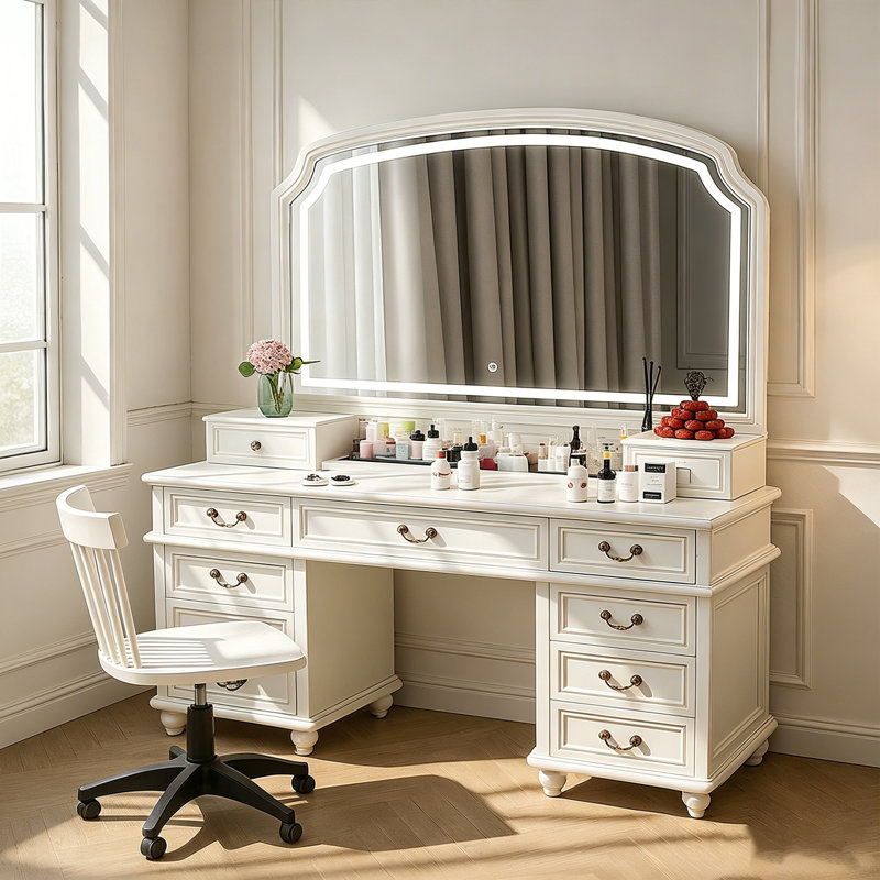 Coiffeuse luxueuse en bois massif ivoire, 63.78" H x 43.31" W x 20.47" D