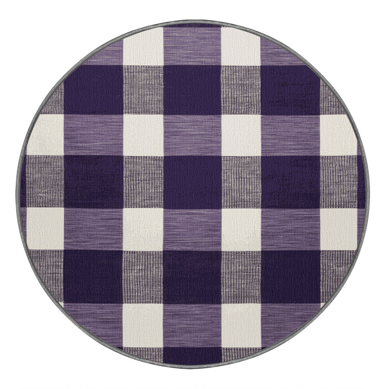 Machine Washable Checkered Purple Area Rug, Round 6'