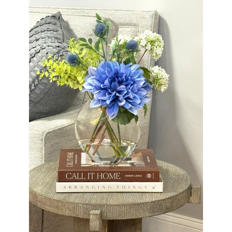 Dahlias and Eucalyptus Centerpiece in Vase, Blue