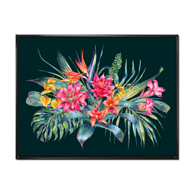 Fleur tropicale rouge et orange sur fond noir III - Peinture sur toile, Cadre noir, H 17 po x l 33 po