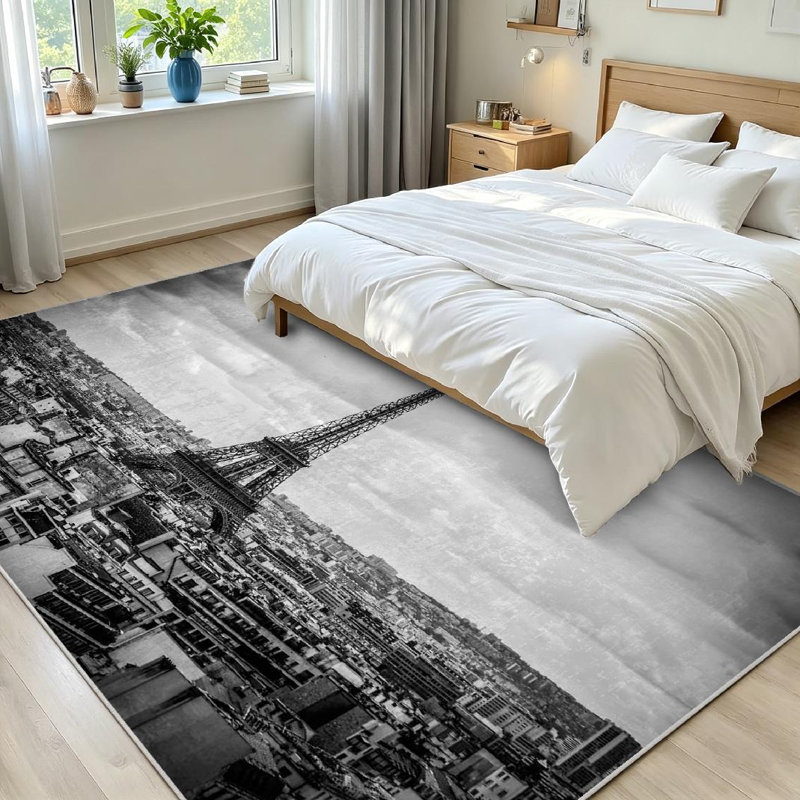 Tapis intérieur noir Tour Eiffel noir lavable à la machine, Rectangle 71 po x 98 po