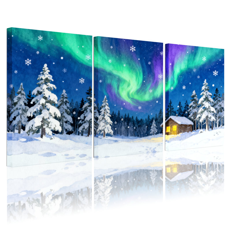 «Christmas Northern Lights Winter Forest Cabin Snowflake Sky Reflection», ensemble de 3 impressions murales sur toile