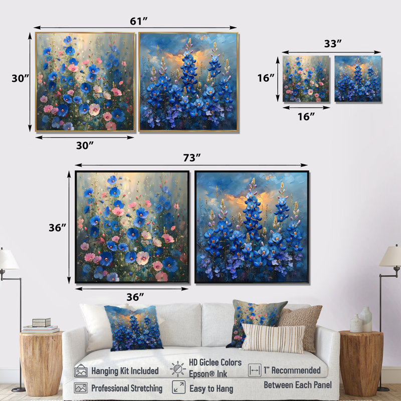«Blue Pink Morning Magic Blue Bonnets I - Blue Bonnets Wall Art», ensemble d'art mural traditionnel 2 pièces, Toile tendue