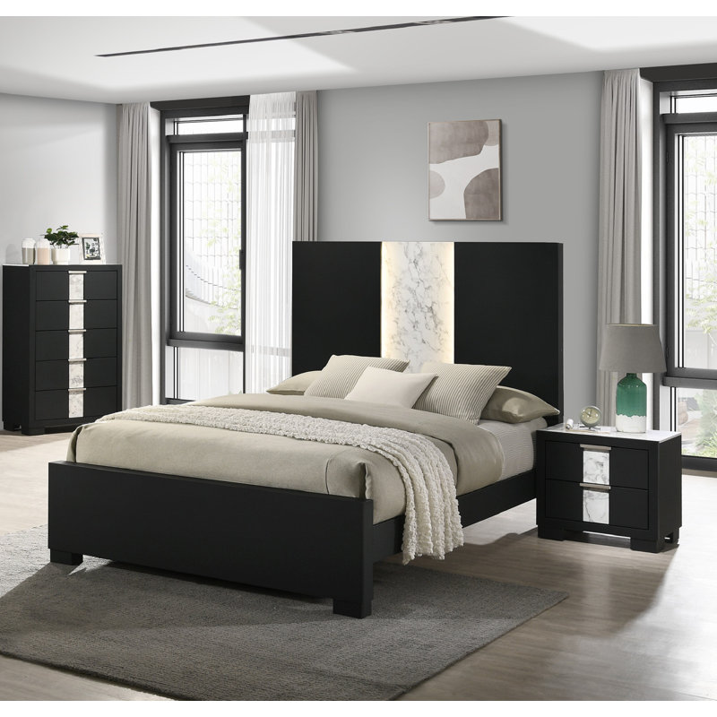 Mobilier de chambre à coucher contemporain, Beige, brun et gris, Grand lit