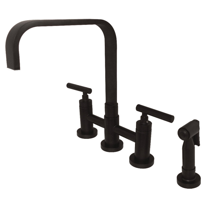 Kingston Brass Manhattan Two-Handle 4-Hole Deck Mount Bridge Kitchen Faucet with Brass Side Sprayer, Oil Rubbed Bronze