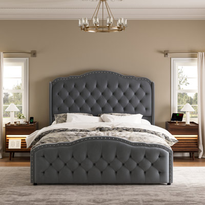 Ensemble de chambre à coucher 3 pièces, lit tapissier avec 4 tiroirs et 2 tables de chevet inclinées Larimore