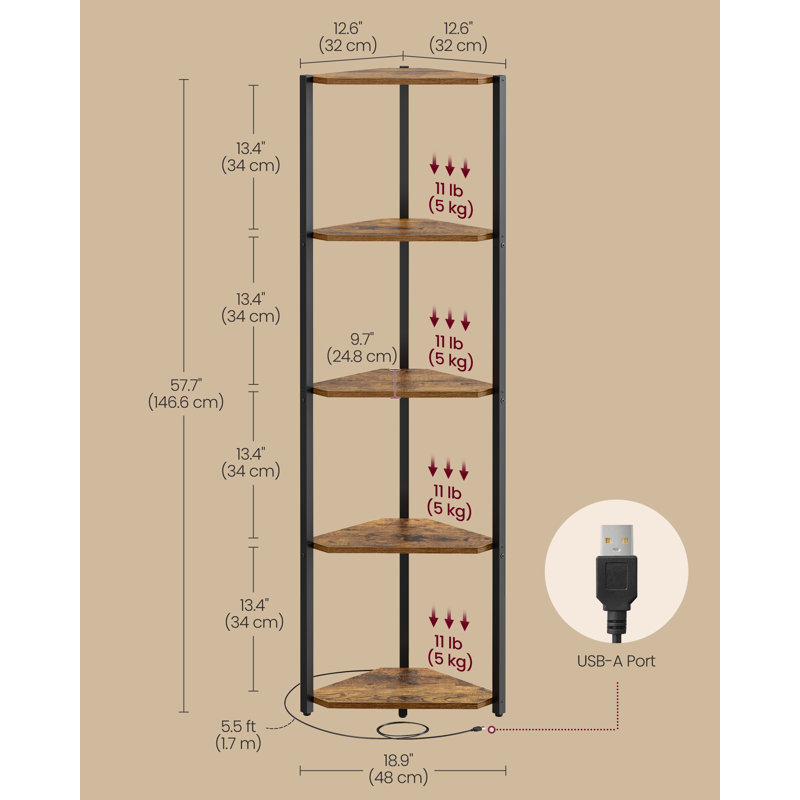5-Tier Corner Bookcase with LED Lights, Rustic Brown