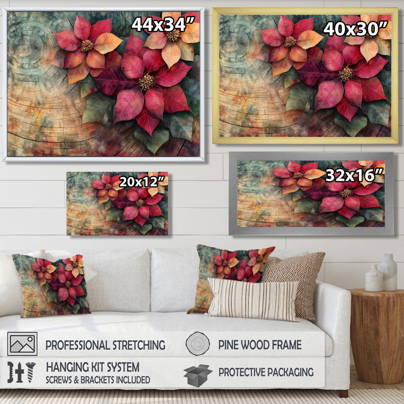 Fleurs de poinsettias rouges sur une glissade en bois IV - art mural poinsettias, H 16 po x l 32 po, Cadre simple noir
