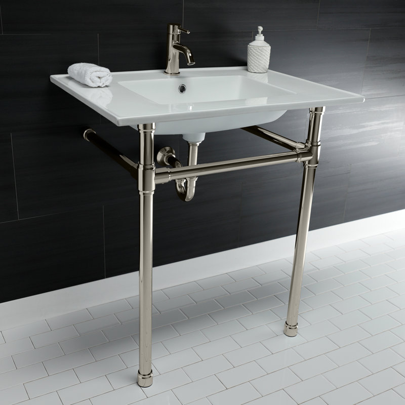 Kingston Brass Dreyfuss 31-Inch Ceramic Console Sink with Stainless Steel Legs, Polished Nickel, Single