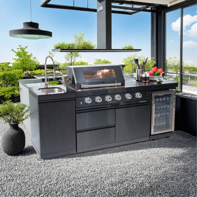 46" 4-Burner 72,000 BTU Deluxe Stainless Steel Outdoor Kitchen BBQ Island Grill with Wine Cooler, Rotisserie & Granite Countertop