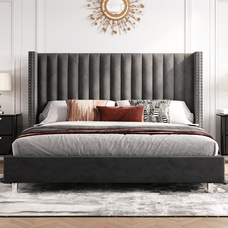 Lit plateforme tapissier gris foncé Addesyn, Grand, Gris foncé