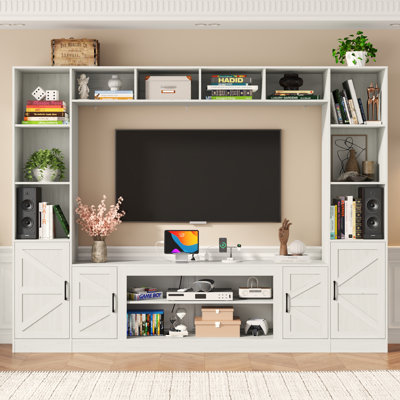 103" Entertainment Center/TV Stand For Tvs Up To 80" With Charging Station, Barn Door Cabinets, And Bookcase
