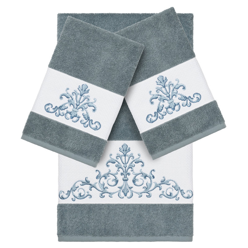 Scarlet Embellished 3 Piece Towel Set, Teal, 3 Piece Towel Set