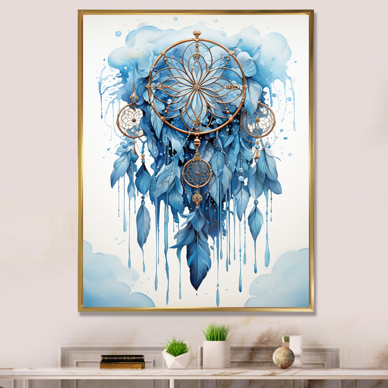 «Blue Boho Dreamcatcher Watercolor», reproduction sur toile, 32" H x 24" W, Cadre flottant doré