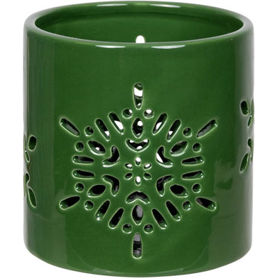 Farmhouse Christmas Green Ceramic Votive Candle Holder - Cutout Design with a Glossy Finish