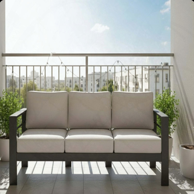 Canapé de patio 75 po 3 places toutes saisons en métal avec coussins gris clair, structure noire, capacité de 330 lb