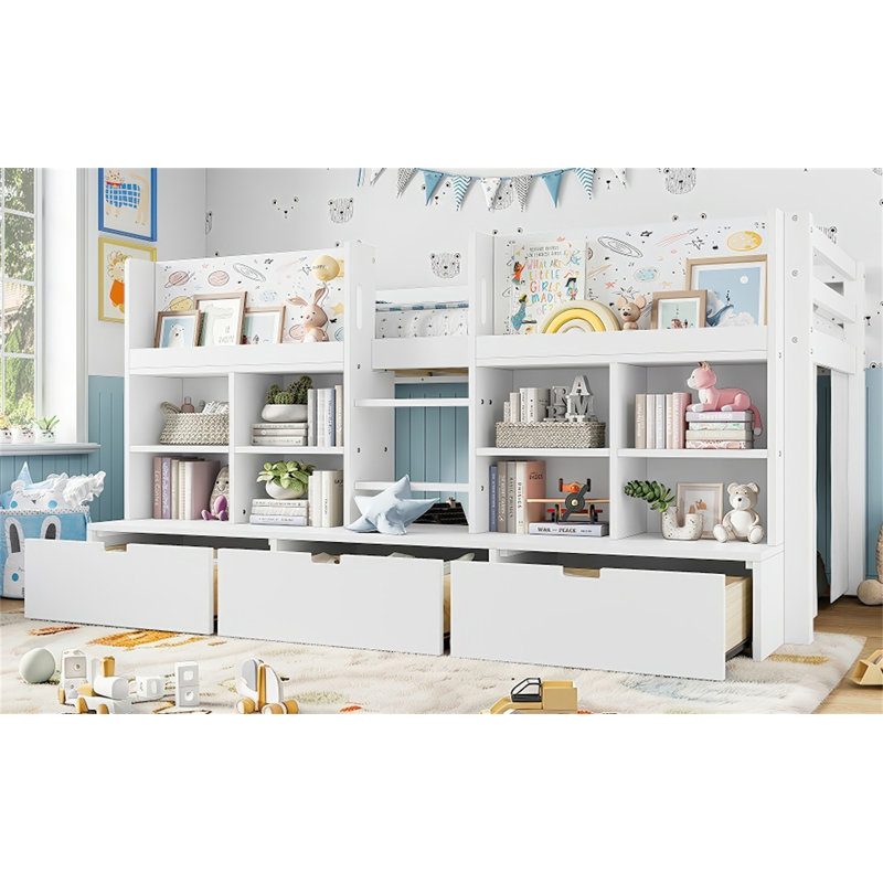 Lit mezzanine avec tablettes et rangements multiples, Blanc