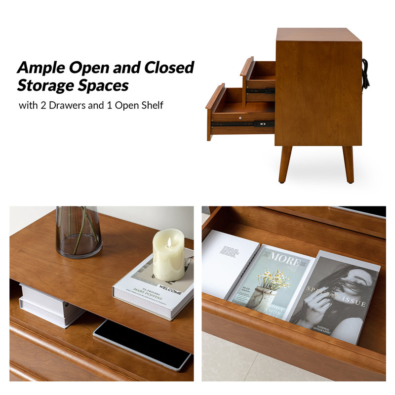 Aviannah Midcentury Modern 2-Drawer Nightstand with Charger