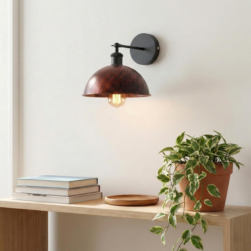 Dome Metal Wall Sconce, 180° Adjustable Industrial Wall Lamp for Bedside, Study, Kitchen, and Living Room Décor., Rustic Red